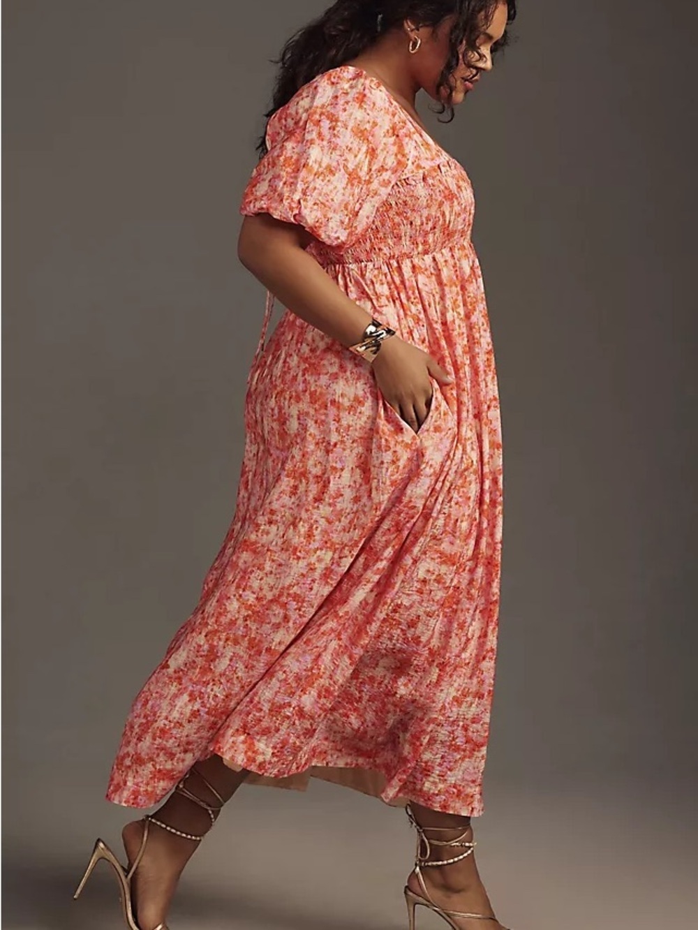 Anthropologie Women Sz XL Smocked Babydoll Printed Midi Dress Orange Cottagecore - Picture 2 of 11